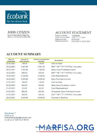 Printable Central African Republic Ecobank bank statement sample